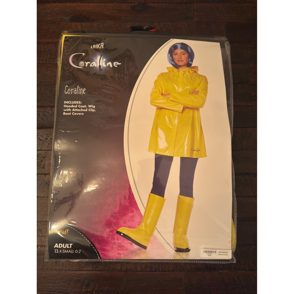 Spirit Halloween Coraline Adult Costume Yellow Raincoat Blue Wig Set XS 0-2